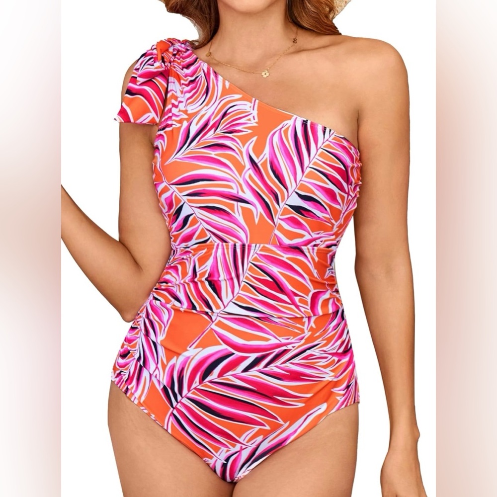 GRACE KARIN Tummy Control Ruched 1-Pc Orange Floral Swimsuit Women’s Size XL